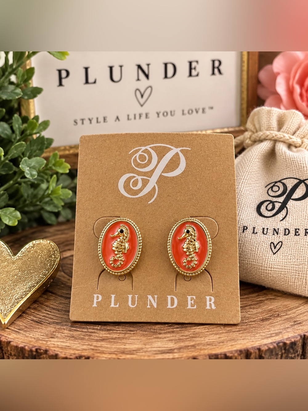 ✨ NWT Plunder Coral Seahorse Earrings – Gold-Tone Statement Studs